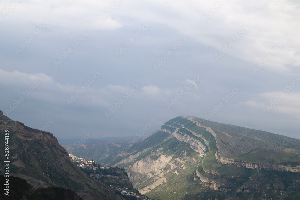 view from the top of the mountain to the highland village Gunib in Dagestan, Russia