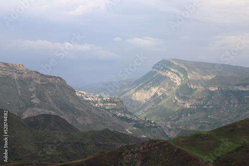 view from the top of the mountain to the highland village Gunib in Dagestan, Russia