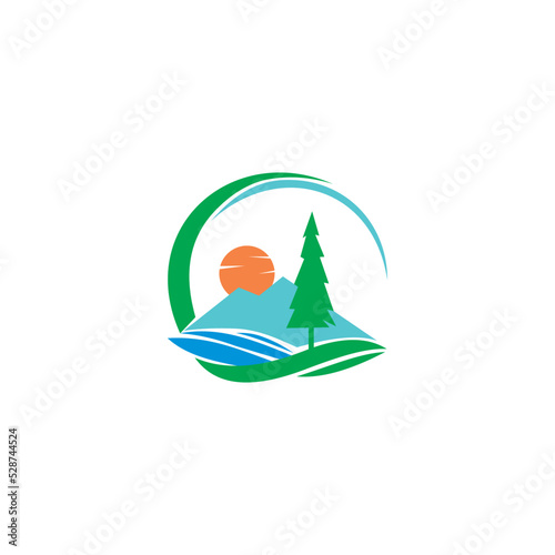 sun tree water mountain logo vector template