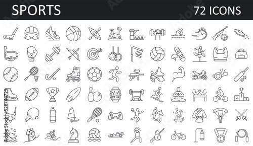 Sports, fitness, recreation - set of 72 thin line vector icon. Editable stroke symbol.