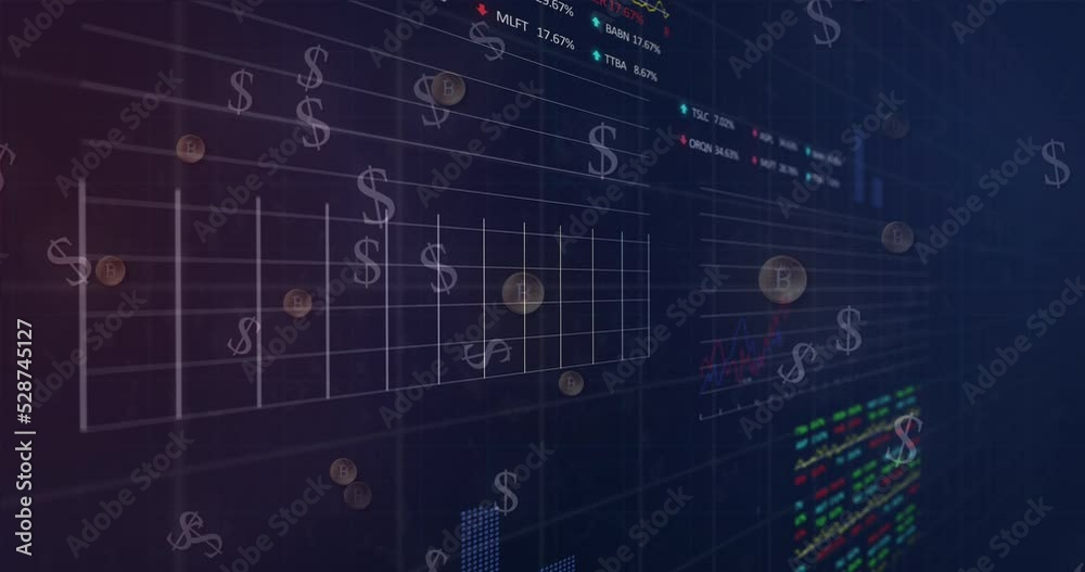 Animation of data processing over dollar coins Animation of data processing over dollar coins