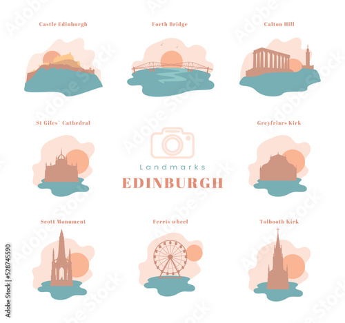 Color silhouette of Edinburgh landmarks. UK city architecture vector Color icons set. Isolated vector logos.