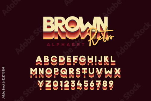 Brown Retro font. Vector alphabet and numbers. Typeface with different brown  yellow and orange colors in vintage trendy style.