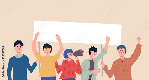 People holding blank placards. Protest for human rights and social equality. Publicity templates. Participation in a peaceful demonstration. Vector flat.