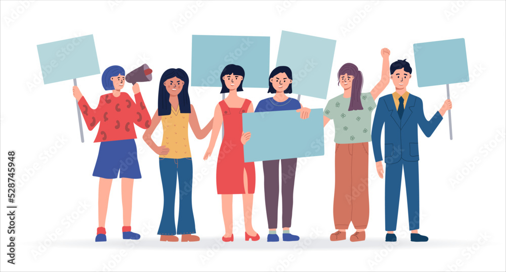 People holding blank placards. Protest for human rights and social equality. Publicity templates. Participation in a peaceful demonstration. Vector flat. People holding blank placards. Protest for human rights and social equality. Publicity templates. Participation in a peaceful demonstration. Vector flat.