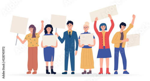 People holding blank placards. Protest for human rights and social equality. Publicity templates. Participation in a peaceful demonstration. Vector flat. © Ольга Дубровина