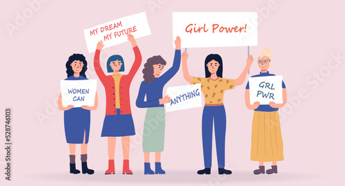 Women holding blank placards. Protest for rights and social equality. Feminism Girl Power. Participating in a peaceful demonstration. Vector flat.