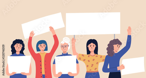 Women holding blank placards. Protest for rights and social equality. Feminism Girl Power. Participating in a peaceful demonstration. Vector flat.