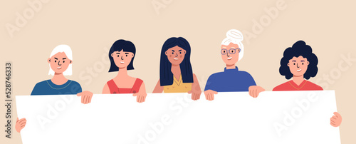 Women holding blank placards. Protest for rights and social equality. Feminism Girl Power. Participating in a peaceful demonstration. Vector flat.