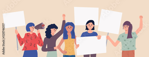 Women holding blank placards. Protest for rights and social equality. Feminism Girl Power. Participating in a peaceful demonstration. Vector flat.