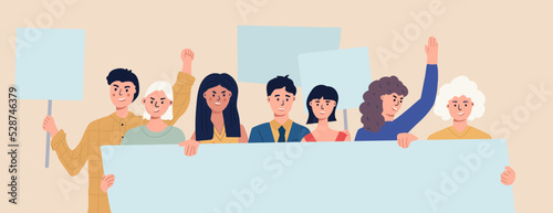 People holding blank placards. Protest for human rights and social equality. Publicity templates. Participation in a peaceful demonstration. Vector flat.