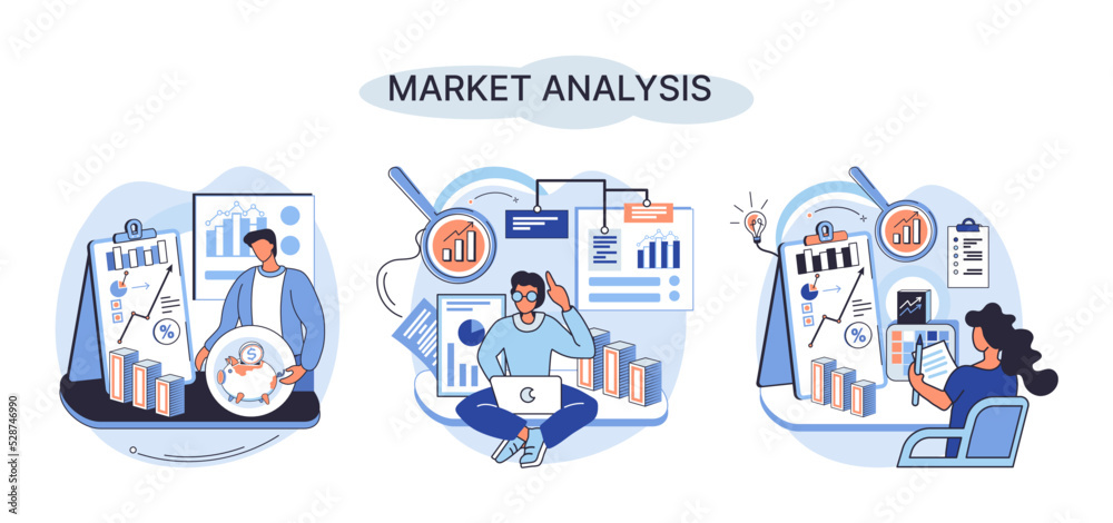Fototapeta premium Market analysis metaphor marketing strategy development. Business research. Identify business determine solutions business problems solving. Marketer analyzes sales plan, doing an advertising campaign
