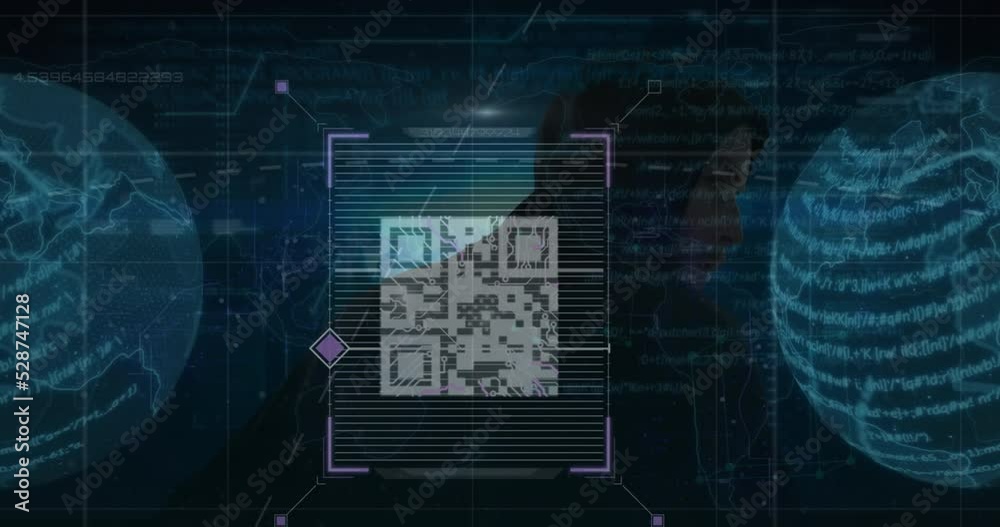 Animation of qr code with globes and data processing over caucasian hacker Animation of qr code with globes and data processing over caucasian hacker