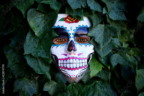Máscara de calavera mexicana del Día de los Muertos con ojos humanos sobre fondo vegetal. photo