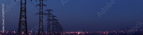Electricity power lines and city lights. 3D render illustration.