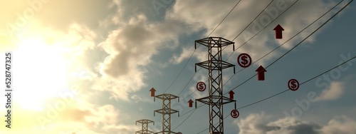 High prices of electricity. Conceptual 3D render illustration of high prices of electricity. Dollar signs and arrows pointing up over electricity pole.