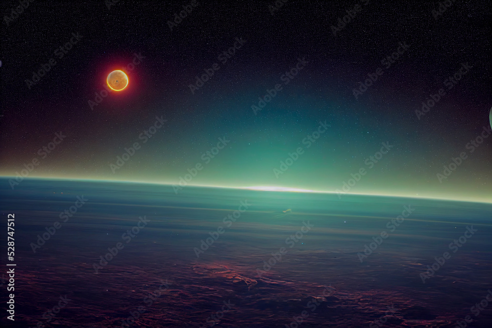 Dark night space landscape with half lighted Jupiter at horizon and small planets orbiting around