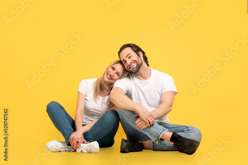 People, love, advertising and offer. Glad millennial caucasian female and male in white t-shirts