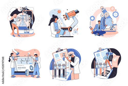 Medical research. Laboratory diagnostic services, medical device design development scenes metaphor. Scientists in hemistry clinic laboratories, microbiology pharmaceutical research. Vaccine discovery photo