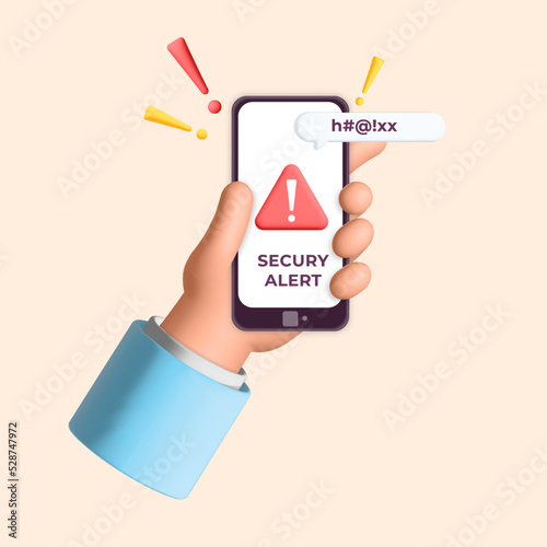 3d vector realistic render hand holds phone with alert danger warning push notification design illustration