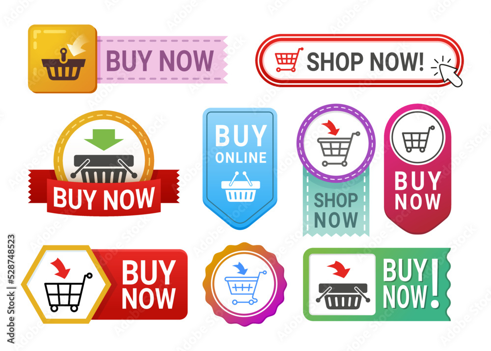 Buy now advertising promo button stickers set realistic vector illustration