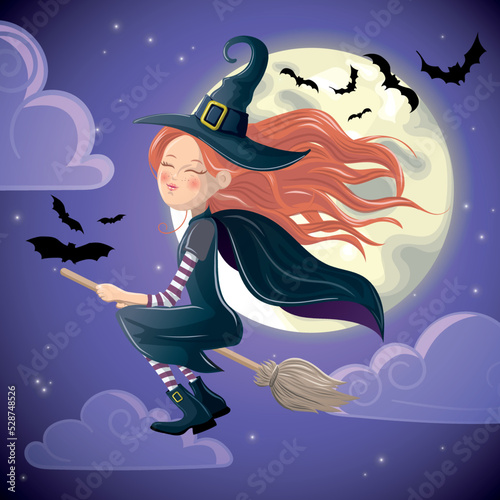 Cute witch on a broom cartoon illustration - Halloween theme - moon and bats in the sky
