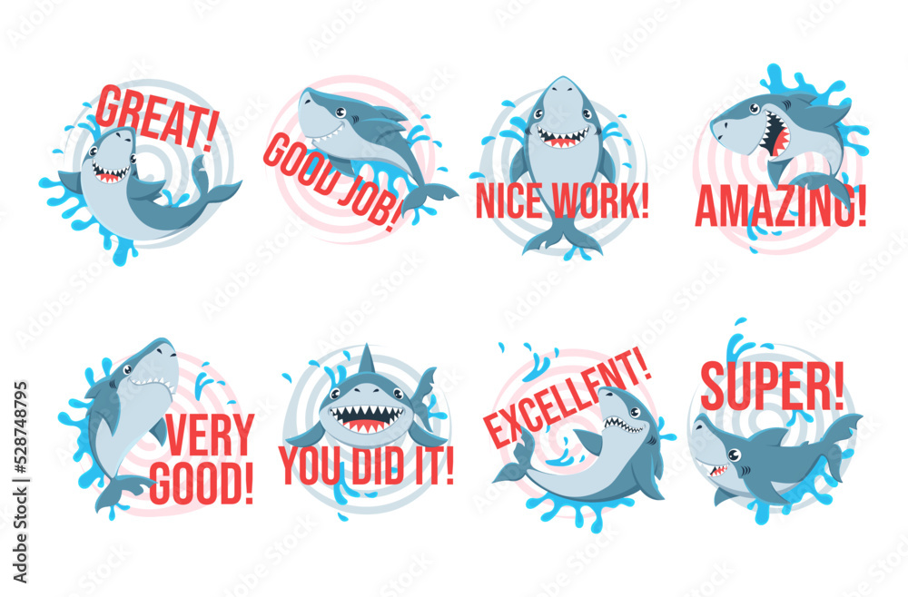 Shark awards stickers with motivational inscriptions set vector illustration