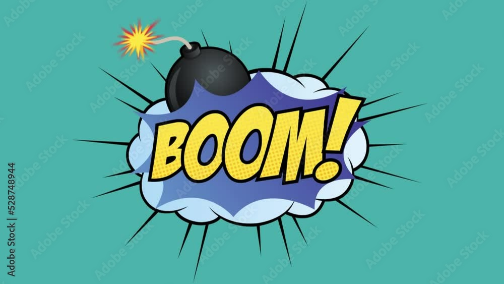 Animation of comic 5 options text over multiple comic speech bubbles with comic sound effects texts