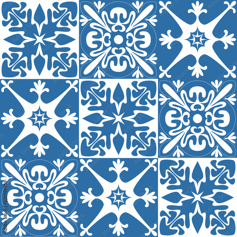 Azulejo blue tiles for wall decoration, traditional portuguese pattern for design and textile Azulejo blue tiles for wall decoration, traditional portuguese pattern for design and textile