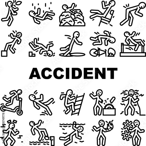 accident injury man person icons set vector. human car crash  fail safety  road danger  slip caution  work risk traffic accident injury man person black contour illustrations