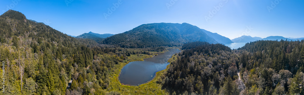 Aerial View of Green Canadian Nature Landscape. Lake around Mountains. Sunny Summer Day. Near Harrison Hot Springs, British Columbia, Canada. Panorama Background