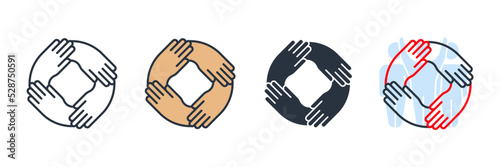 four hands holding together for wrist icon logo vector illustration. teamwork symbol template for graphic and web design collection
