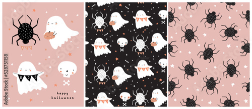 Cute Hand Drawn Halloween Card and Seamless Patterns. Little White Ghosts and Big Spider on a Pastel Pink and Black Background. Happy Halloween. Sweet Little Ghosts, Funny Pumpkins and Fat Spiders.