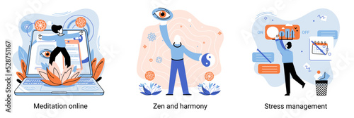 Meditation online. Self-management, self regulation learning, self-organization course, control over emotions metaphor Online yoga at home meditating. Deals with stress management, zen and harmony