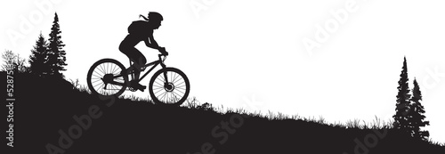 A vector silhouette of an adult woman mountain biking in a mountain setting.