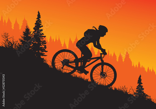 A vector silhouette of an adult woman mountain biking in a mountain setting.