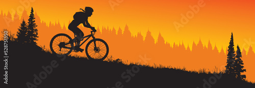 A vector silhouette of an adult woman mountain biking in a mountain setting.