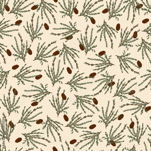 seamless christmas background with pine needles branches. endless natural pattern. Print for packaging, Christmas textiles, digital paper, photo zones. Scandi design. Vector illustration, hand drawn