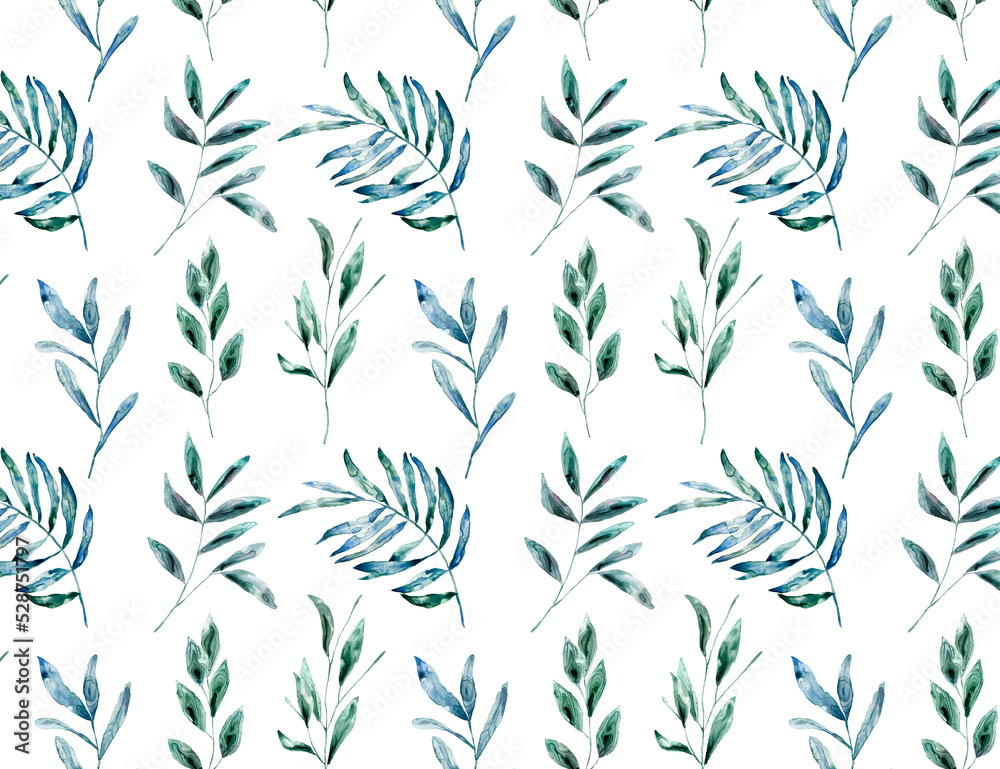 Watercolor plants, green seamless pattern. Watercolor texture, splash, wallpaper. Eco style background