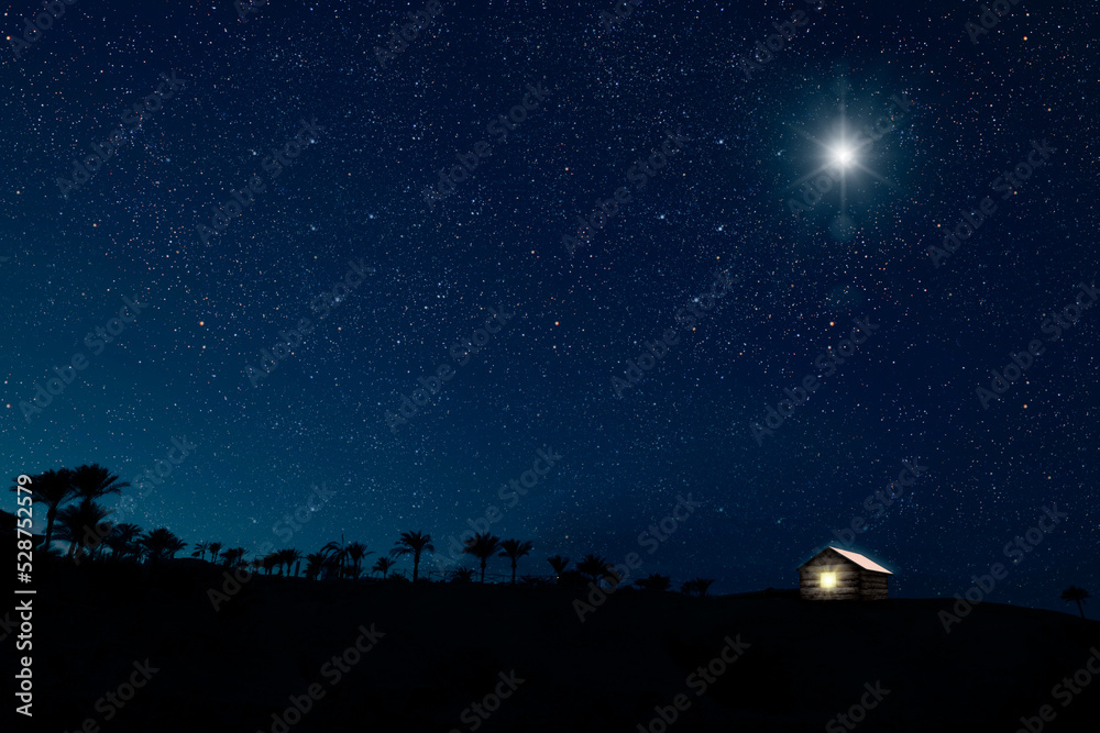 Fototapeta premium The star shines over the manger of christmas of Jesus Christ. panorama