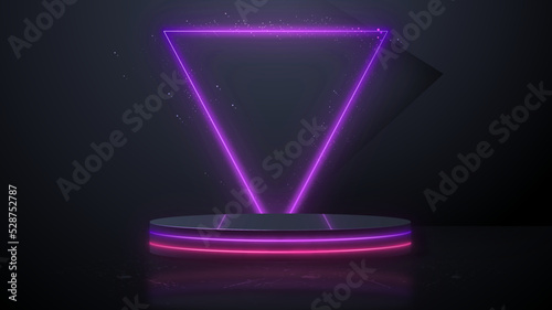 Realistic 3d cylinder pedestal neon violet and red glowing podium with black background. Pastel minimal scene. Stage for showcase, Product