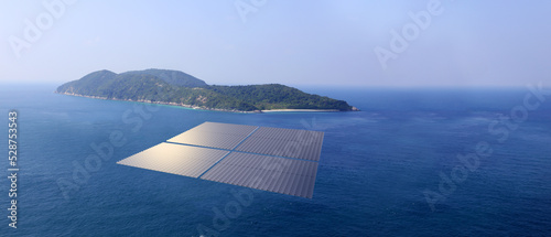 Fototapeta Naklejka Na Ścianę i Meble -  Solar photovoltaic station in the dam Floating solar panel raft  aerial view solar cells on water 3d render
