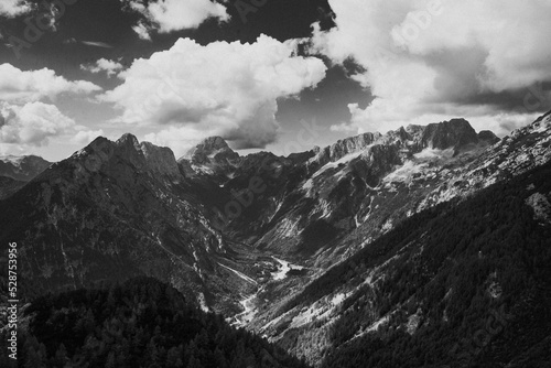 black and white panorama of mountains