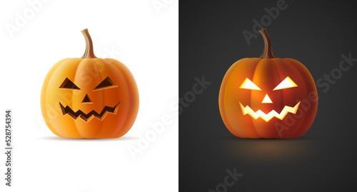 Vector illustration of volumetric glowing Jack-o-lanterns for Halloween. Template 3D realistic pumpkin with carved smiley face on isolated background. Autumn holiday, All Saints Eve