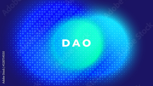Typography DAO for infographics. Decentralized Autonomous Organisation. Digital technology, smart contract, cryptocurrency. Vector wallpaper, blue background. Illustration with glowing blurred circle