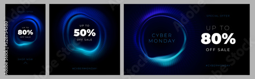 Vector template for discount Cyber Monday with neon glowing wave in form of circle. 50 fifty percent off. Up to 80 percent off sale. Illustration for website, store, shop, banner, promo, app.