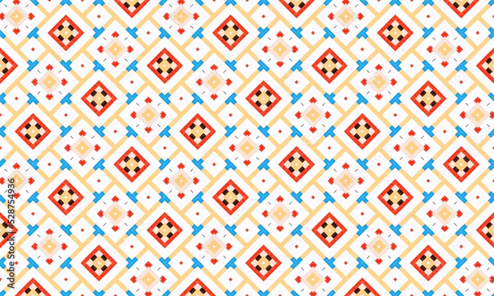 A beautiful yellow, red, blue, white square pattern design that can be used as a pattern on tile or fabric.