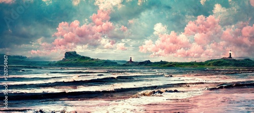 Fotografia Watercolor style north Atlantic shoreline at late afternoon golden hour sunset with red and pink waves and cloud colors