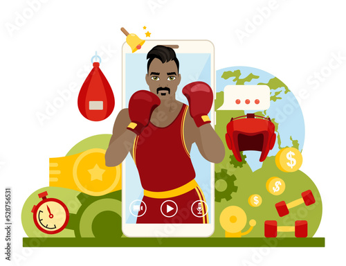 Online broadcast of a boxing match. Young african american boxer on phone screen wearing gloves. Remote virtual viewing of a sporting event. Flat vector illustration.