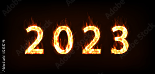 Flame new 2023 year banner.2023 number made from bright fire flames.2023 Fire flames on black background.illustration of the number 2023 wrapped in flames.Vector illustration.Happy New Year.